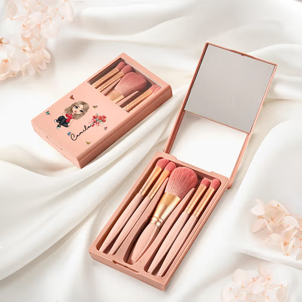 5 pcs birth flower makeup brush set with makeup brush organizer and mirror