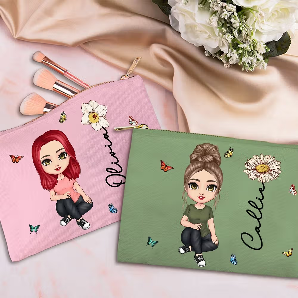 multicolor cartoon character birth flower canvas makeup bag with name