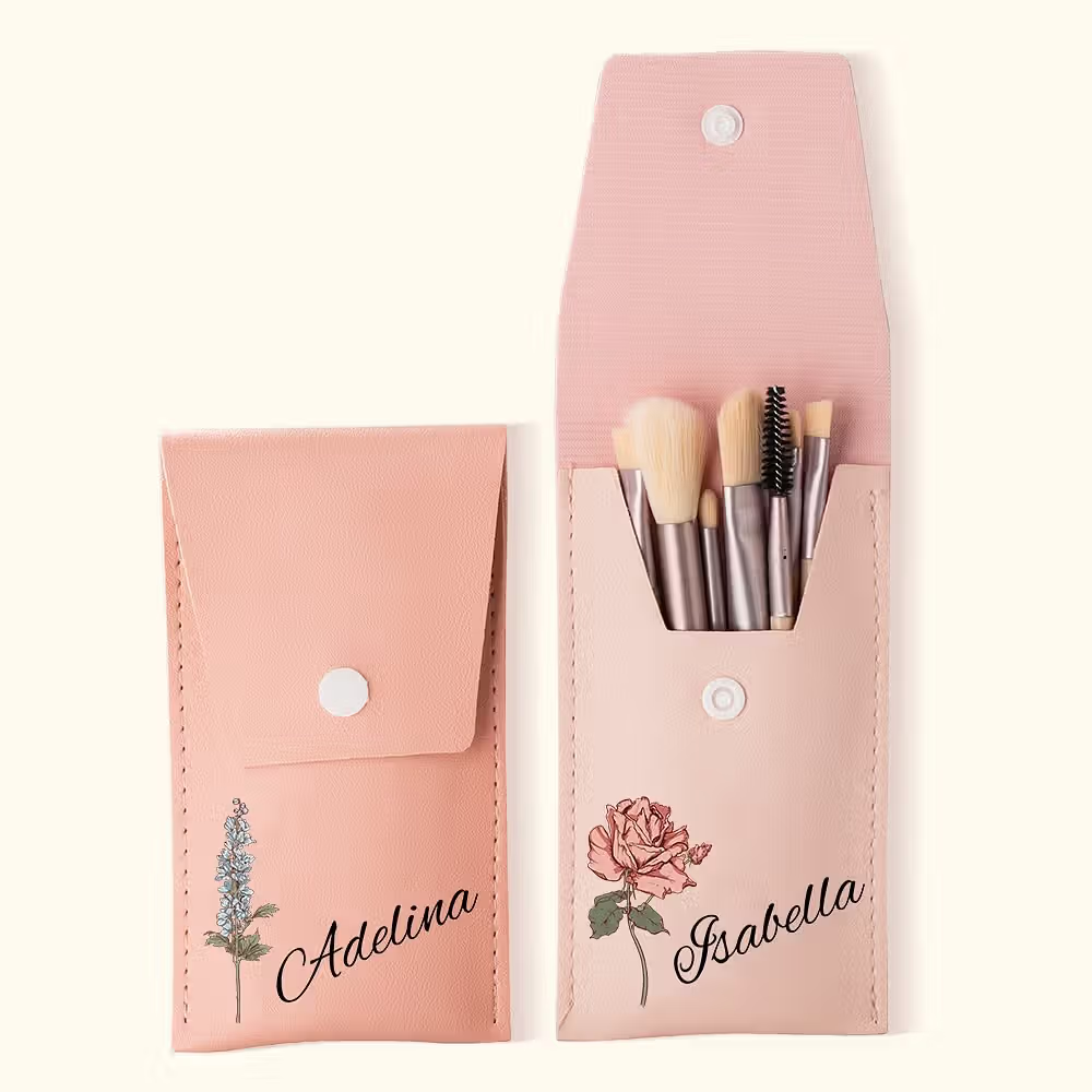 watercolor birth flower makeup brush bag with 8 pcs makeup brushes
