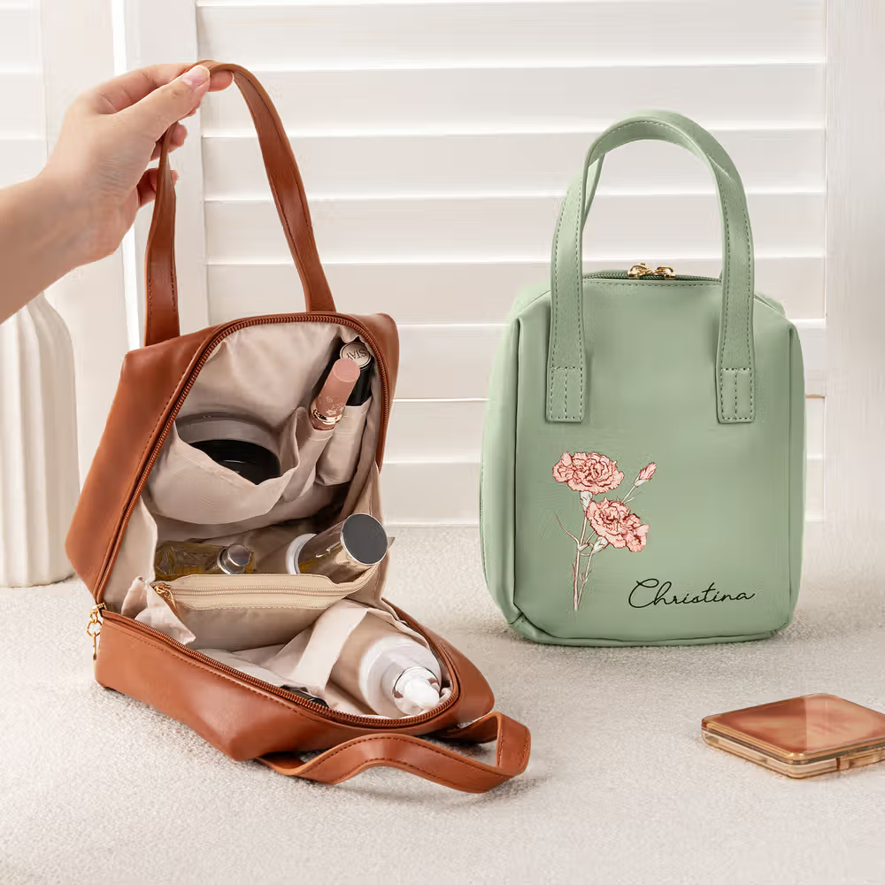 birth flower & name leather makeup bag including inside details