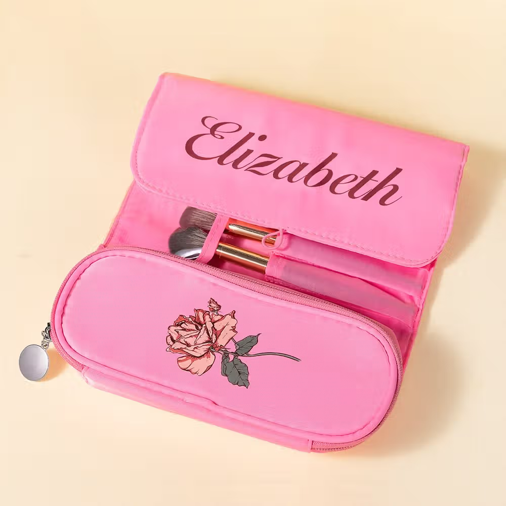 pink waterproof portable makeup brush bag with name