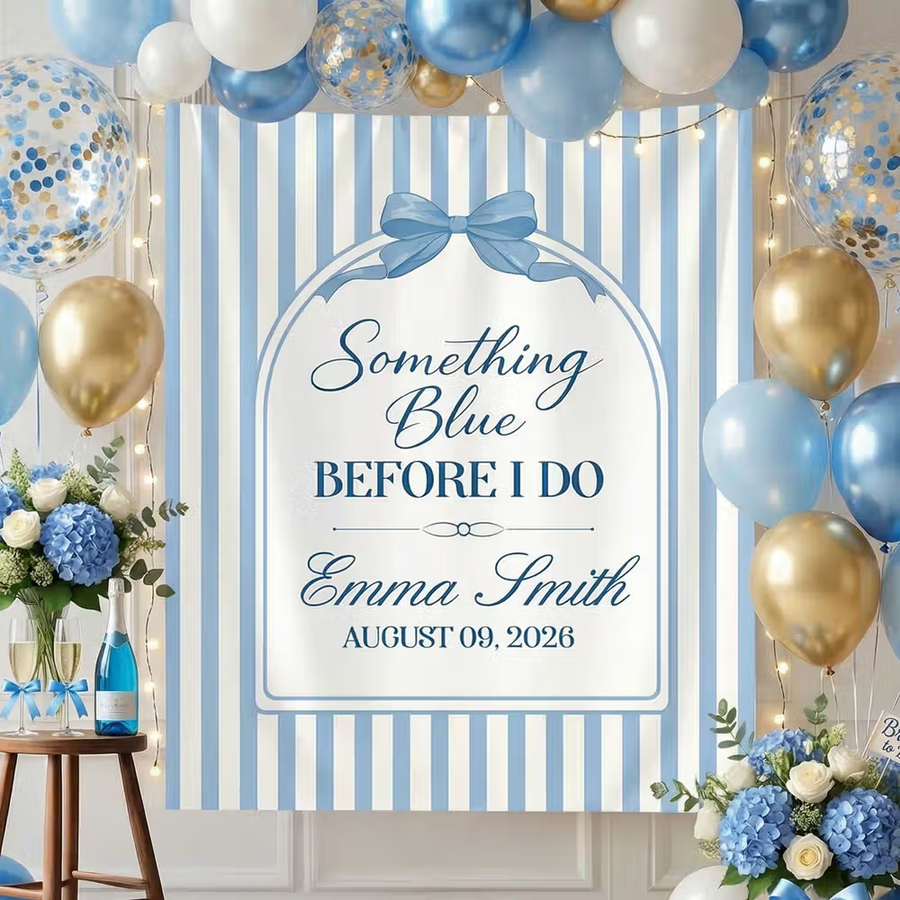 something blue backdrop with her name and date 