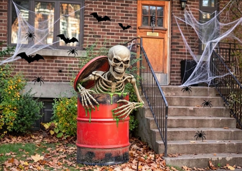 Skeleton is trying to pry itself free from the trash can