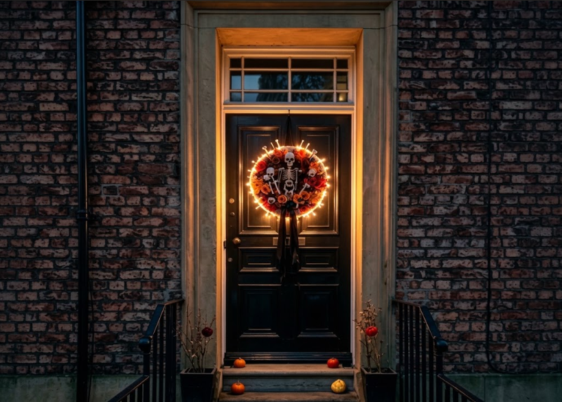 skull wreath with light for the front door