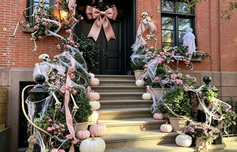 Halloween door decoration ideas with pink pumpkins, flower and bow wreaths