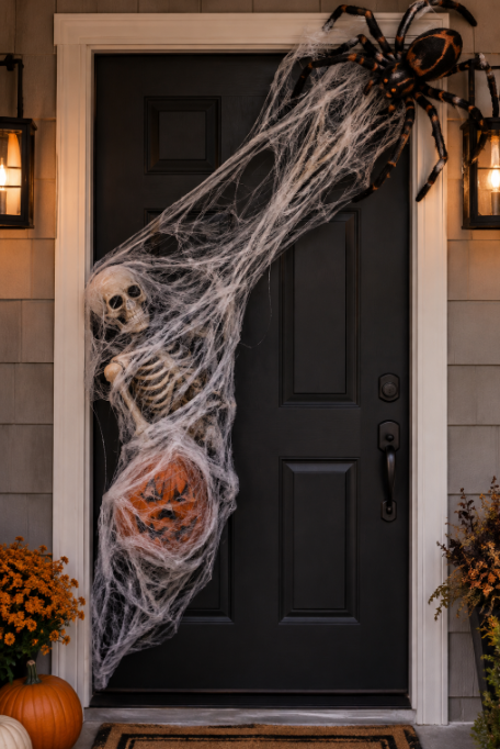 A large, spooky spider at the top‑right corner and a skeleton on the bottom-left corner