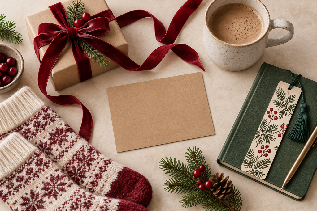 Secret Santa gift-planning flat lay with wrapped present, socks, mug, notebook and blank card